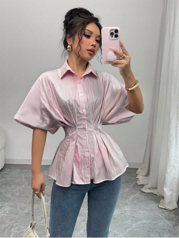 Striped Gathered Waist Elegant French Design Polo Collar Short Sleeve Blouse For Women