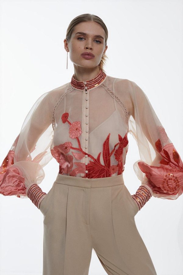 Organdie Applique Buttoned Woven Blouse | Karen Millen