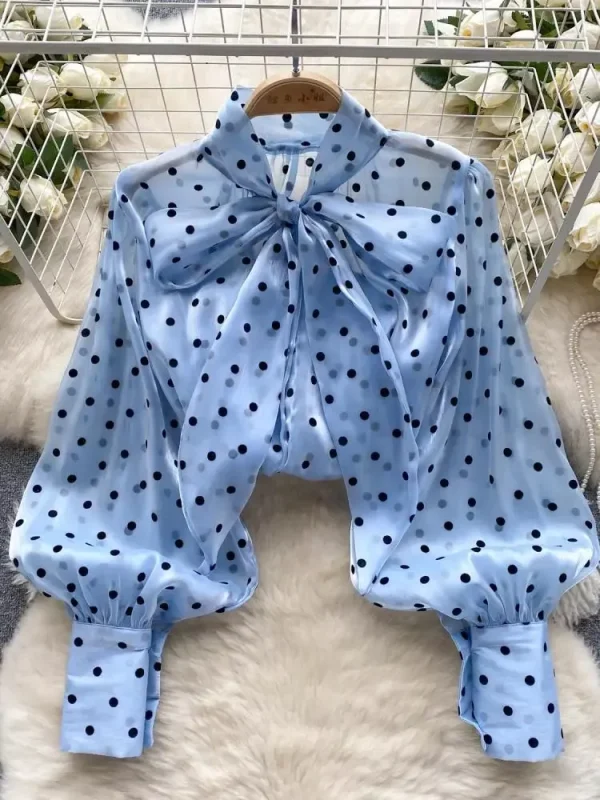 2025 Women's Vintage Festival Polka Dots Single Breasted Shirt Elegant Sweet Bow Long Sleeve Loose