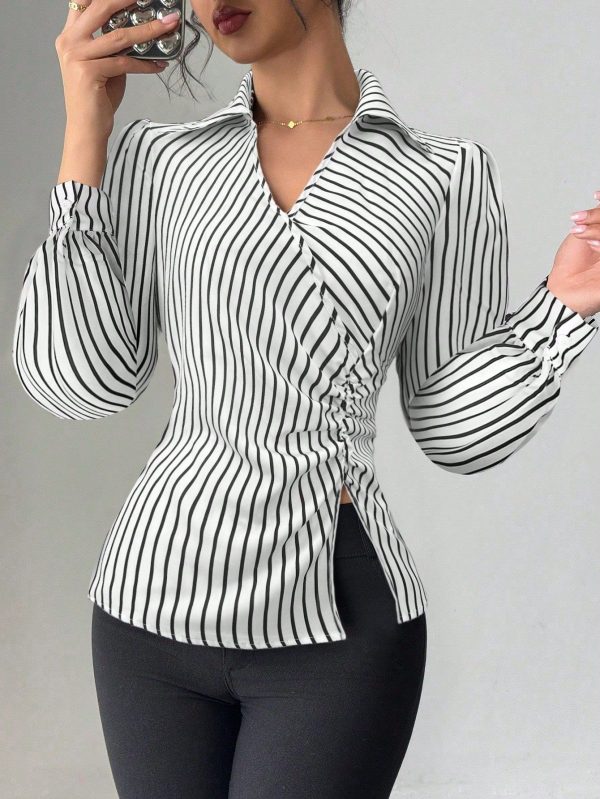 Women's 2024 New Stylish V-Neck Ruched Waist Design Elegant Blouse