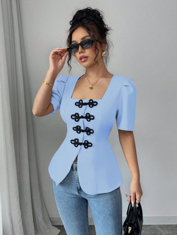 Elegant Hollow Chinese Knot Waist Tie Puff Sleeve Vacation Style, Simple Office Vintage Print Shirt