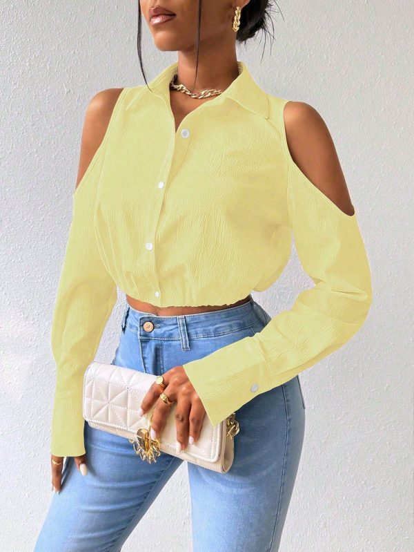 Solid Color Cold Shoulder Blouse With Front Button Women Shirt