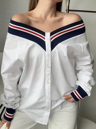 Women Color Block Spring/Fall Urban Split Joint Micro-Elasticity Long Sleeve Cold Shoulder Regular H-Line Shirts