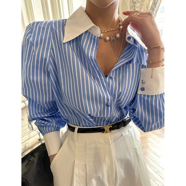 Elegant Striped Shirts Women Streetwear Patchwork Long Sleeve Blouses Ladies Korean Fashion Single