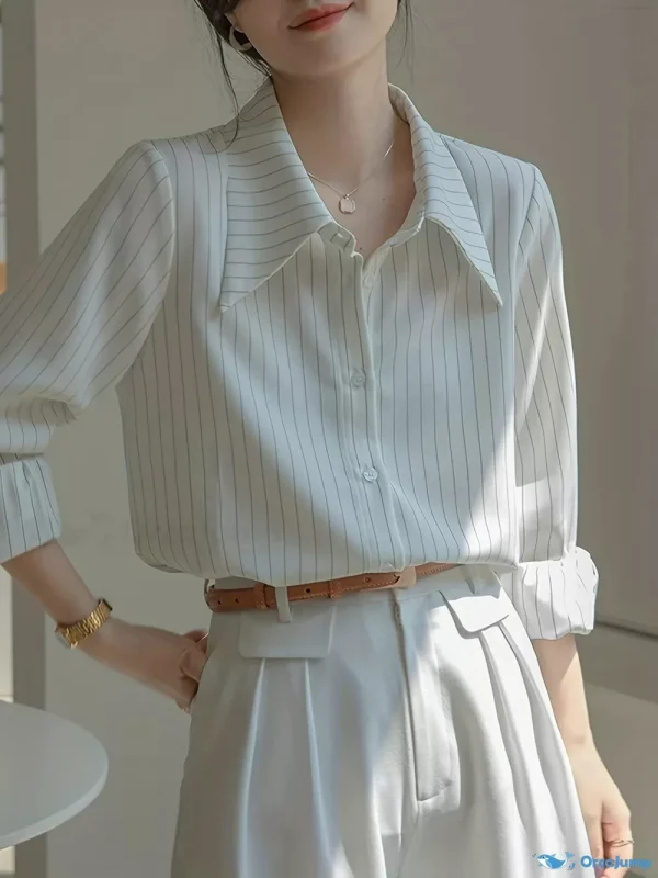 Orcajump - Striped Print Button Front Shirt, Business Casual Long Sleeve Shirt, Women's Clothing
