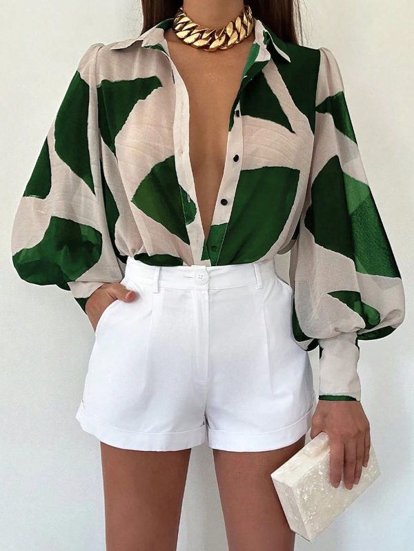 Women's Fashion Commuting Contrast Color Print Lantern Sleeve Blouse