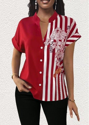 Tops For Women ROTITA Patchwork Floral Print Red V Neck Short Sleeve Blouse