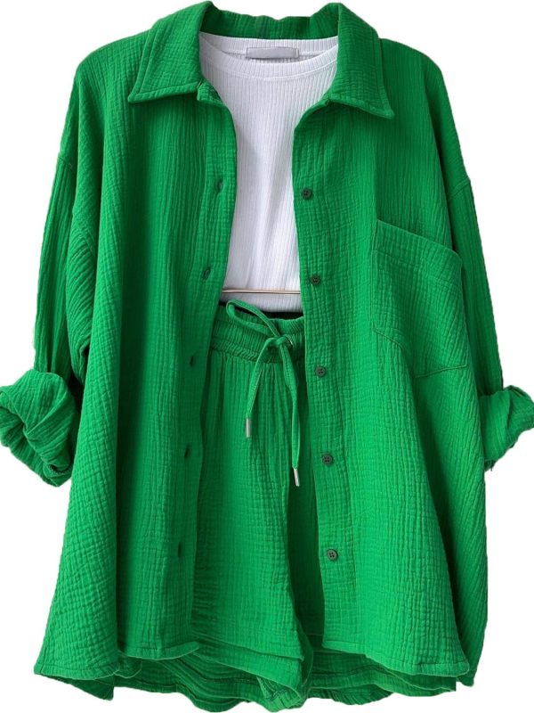 Audry Texture Button Up Shirt and Drawstring Shorts Set - Mid Green / 2XL