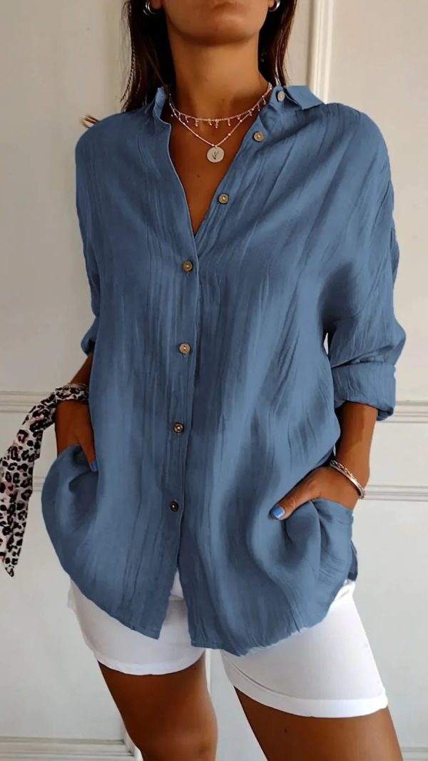 Autumn women's solid color shirt 2024 fashion new item, lapel single breasted pleated long sleeved