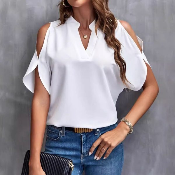 2025 Summer Women's Shirt V-neck Off-shoulder Short-sleeved Fashion Top Solid Color Basic Blouse for
