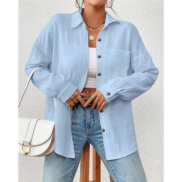 Women's Shirt Linen-Inspired Shirts Button Up Plain Daily Stylish Basic Long Sleeve Batwing Sleeve Shirt Collar Regular Tops Work Daily Holiday Buttons Pocket White Yellow Blue Spring Fall