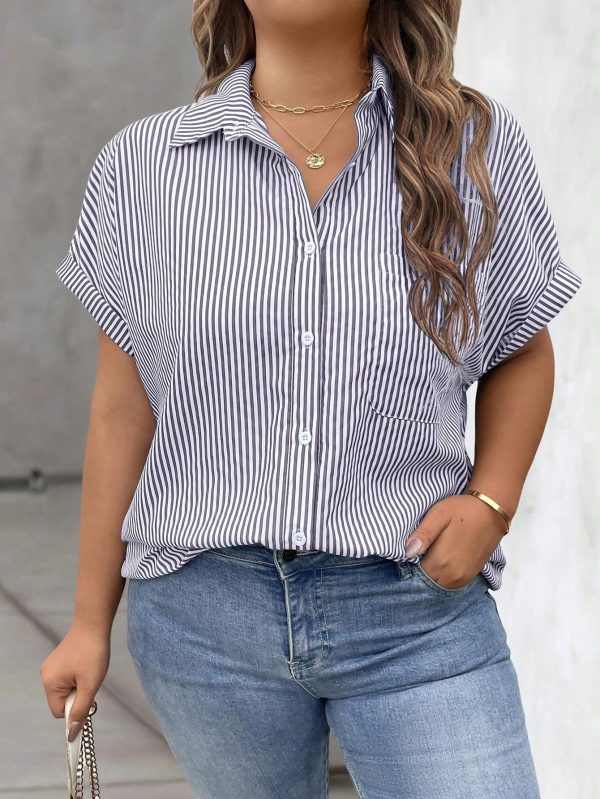 Plus Size Women Blue&White Striped Print Pocket Front Button Short Sleeve Shirt