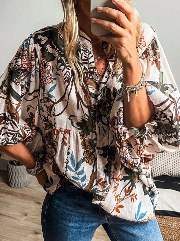Single Row Multi-Buckle Long Sleeve Shirt For Women Loose Fashion Versatile Printed Shirt