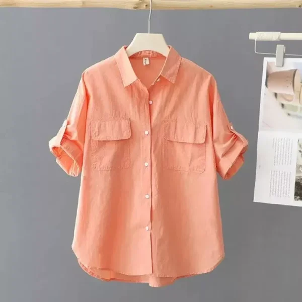 Orange Solid Casual Cotton Polo-Neck Single Breasted Short Sleeve Women's Blouse Shirt Korean