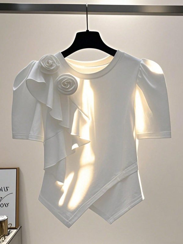 Women's White Asymmetrical Floral Short Sleeve Casual T-Shirt, Spring/Summer