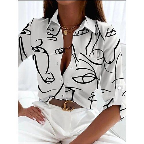 Women's Shirt Blouse Elegant Abstract Print Long Sleeve Shirt Collar Work Casual Daily White Yellow Pink Green Spring Fall