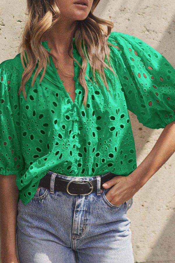 Green Flower Embroidered Hollow-out Puff Sleeve Blouse - Green / S / 100%Cotton