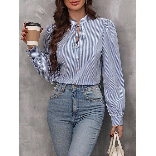 Women's Shirt Blouse Striped Stylish Casual Long Sleeve V Neck Regular Tops Work Daily Going out Patchwork Pink Blue Green Khaki Summer Spring Fall