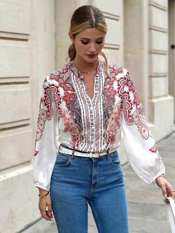 Paisley Print Lantern Sleeve Shirt