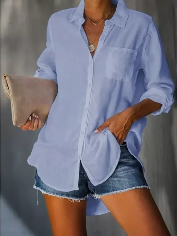 Women's Shirt Blouse Cotton  Button Pocket Work Daily Solid Basic Long Sleeve Shirt Collar White Summer Spring 2025 - $31.99