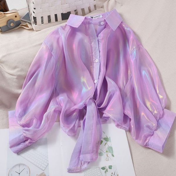 Women Buttons Up Shirts Half Sleeve Shinning Sparkles Tied Waist Sexy Blouses Casual Top For Women
