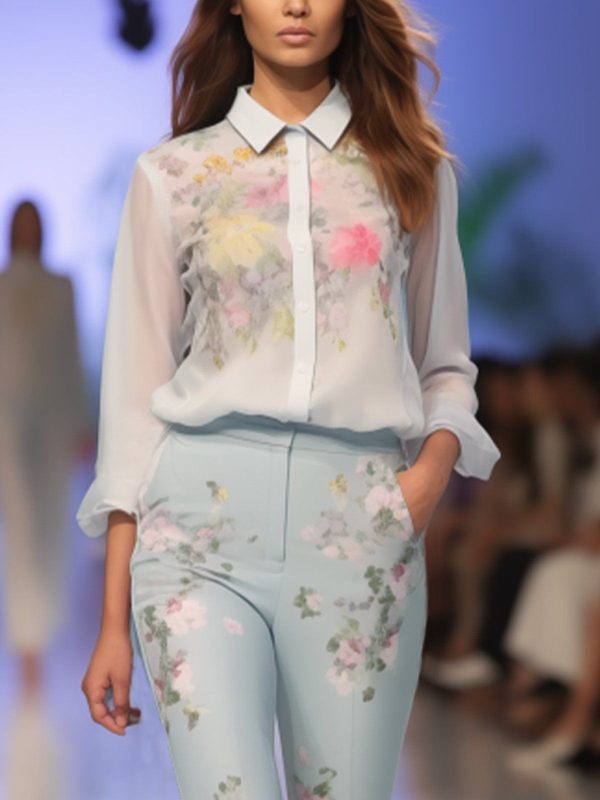 Women Floral Spring/Fall Vacation Lightweight Regular Fit Three Quarter Sleeve Regular H-Line Shirt Collar Shirts