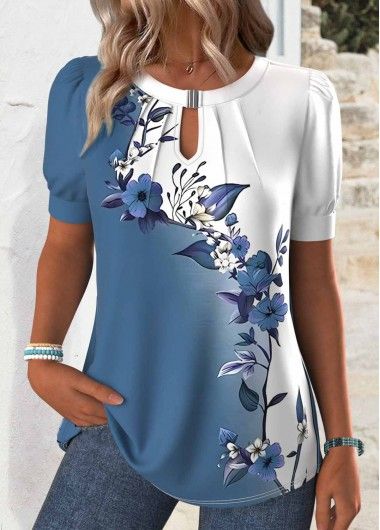 ROTITA Cut Out Floral Print White Round Neck T Shirt