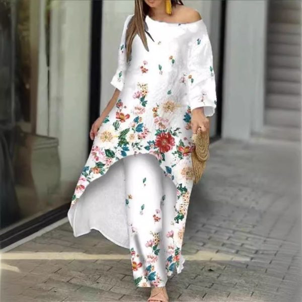Elegant Botanical Flower Print Two Piece Sets Sun Protector Long Top Casual Loose Female Suits