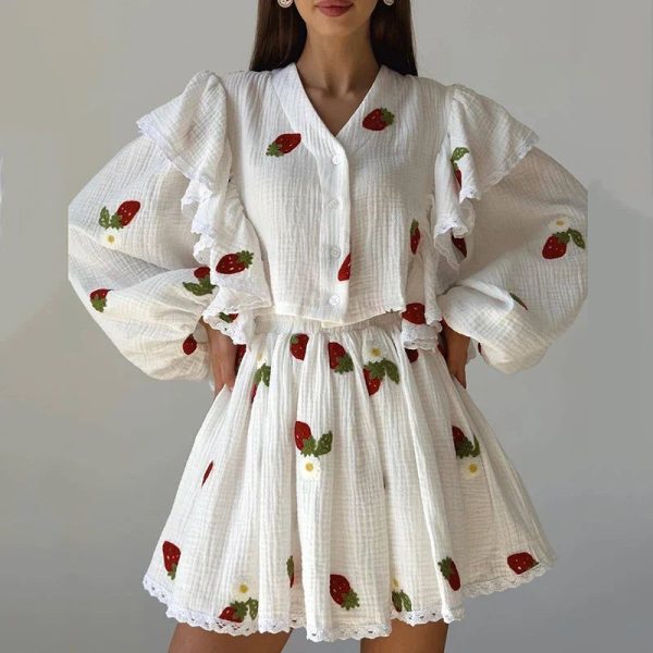 Women Cotton and Linen Skirts Set Summer V-Neck Pile Up Sleeve Tops and Mini Skirt Outfit Ladies Casual Sweet Two Piece Sets - Style 3 / M