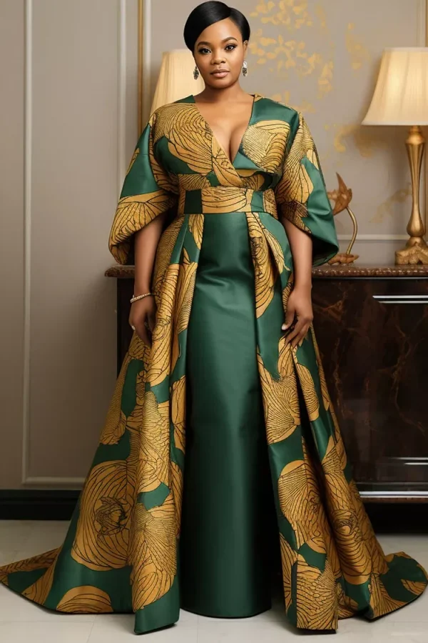 Xpluswear Design Plus Size Formal Green African Ankara Wrap Neck 3/4 Sleeve Peplum Satin Maxi Dresses
