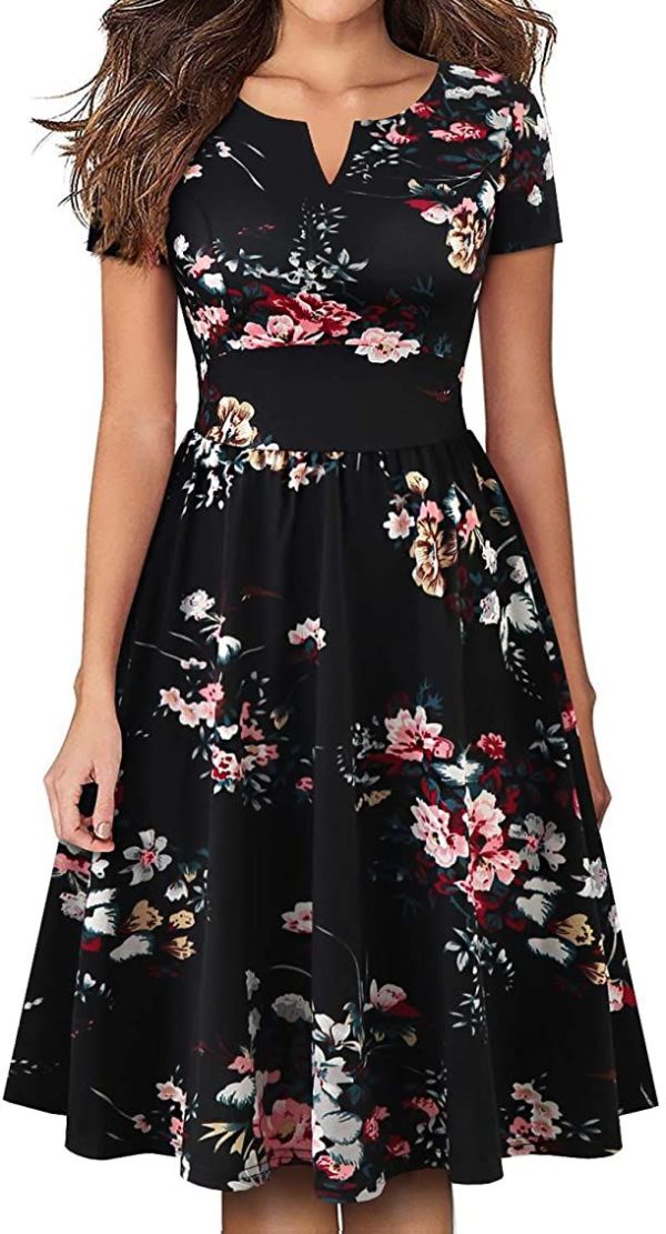YATHON Women's Vintage Pleated Flared Swing A-Line Casual Party Work Dresses