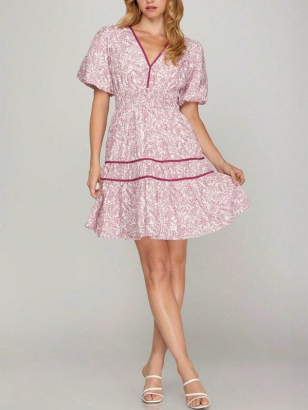 Womens Casual Plus Size Romantic Chic Contrast Piping Tiered Floral Print Dress Pink White Puff Sleeve V Neck Knee Length Flowy Summer Spring Party Cocktail Holiday Beach Daily Wear