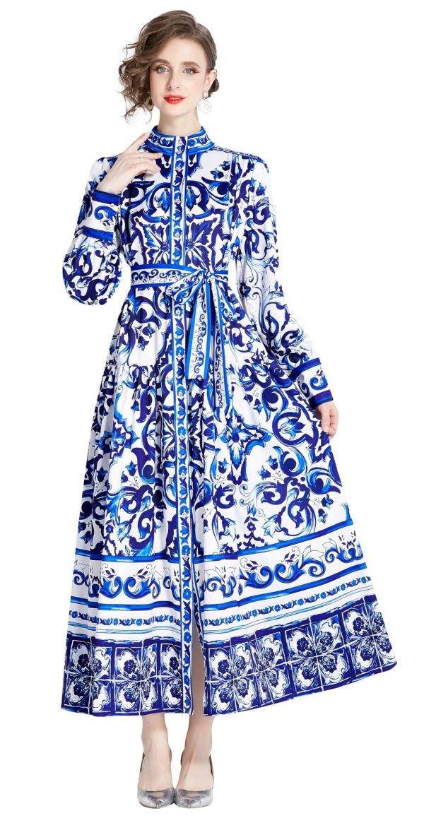LAI MENG FIVE CATS Women's Floral Print Long Lantern Sleeve Button Up Loose Casual Maxi Dress