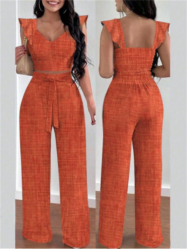 2pcs/Set Women Sweetheart Neck Cap Sleeve Top And Pants Casual Suit