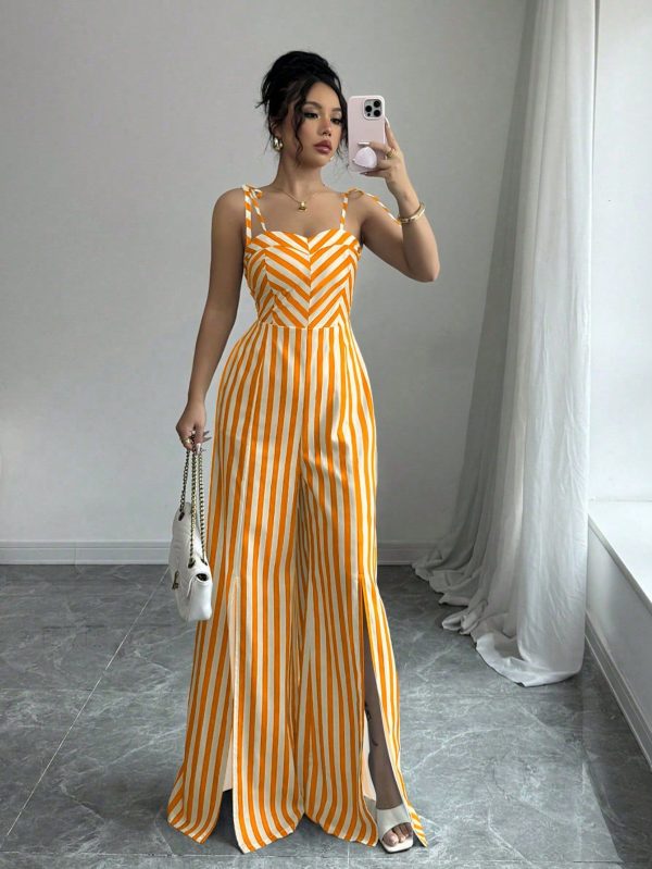 Women's Casual Elegant Resort Style Fashionable Contrast Color Striped Shoulder Tie Wide Leg Slit Jumpsuit For Spring And Summer