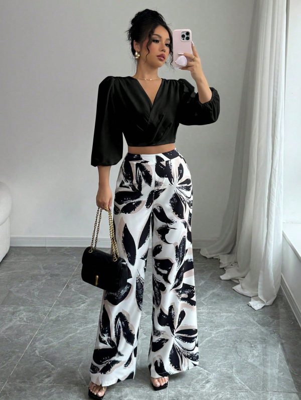 2pcs/Set Women Elegant Romantic Puff Sleeve Vacation Top & Floral Print Wide Leg Pants Set