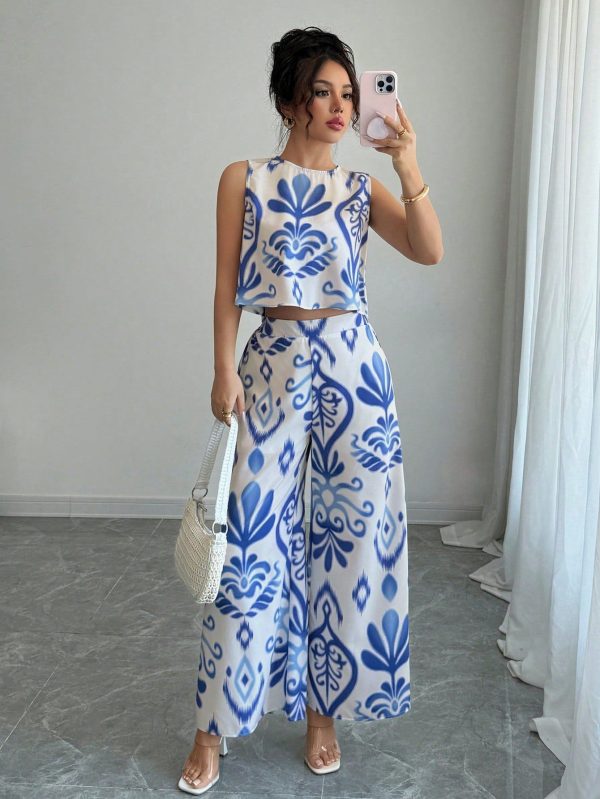 2pcs/Set Summer Casual Vacation Floral Print Top + Loose Wide Leg Pants Set
