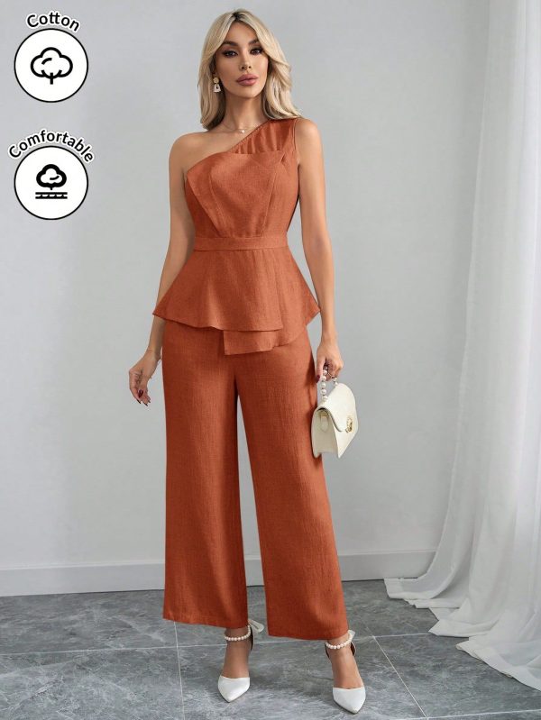 Women's Elegant Asymmetric Ruffle Waist Beige Wide Leg Pants Two Pieces Suits, Suitable For Spring And Summer Vacation