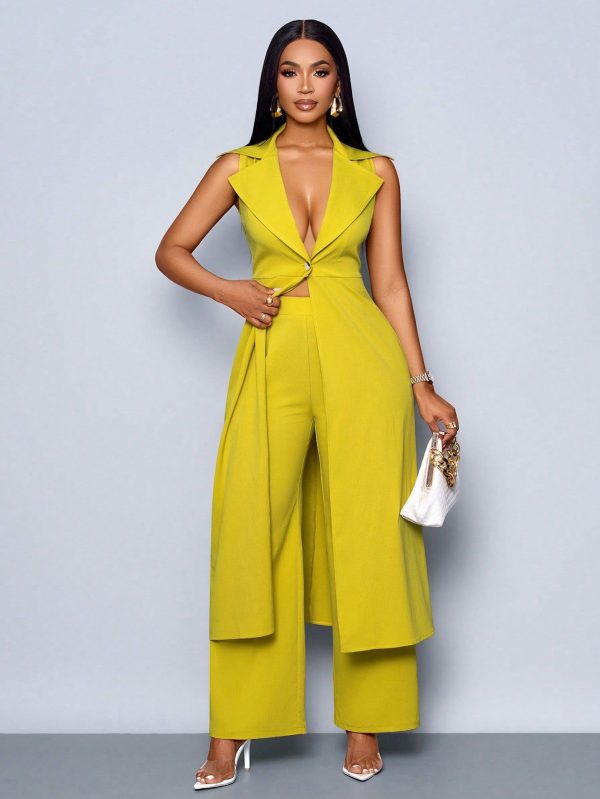 Women Solid Color Casual Shawl Collar Button Front Sleeveless Long Blouse With Wide Leg Pants Elegant Daily Commuting Spring /Summer Sets Clothes Vacation & Dating Two-Piece Set