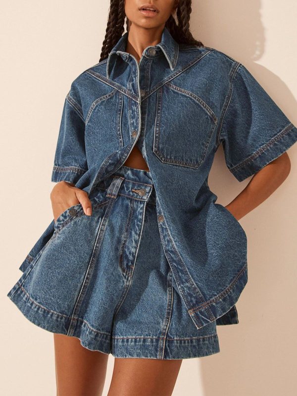 Women Casual Plain Summer No Elasticity Half Sleeve Regular H-Line Regular Shirt Collar Denim Blouses