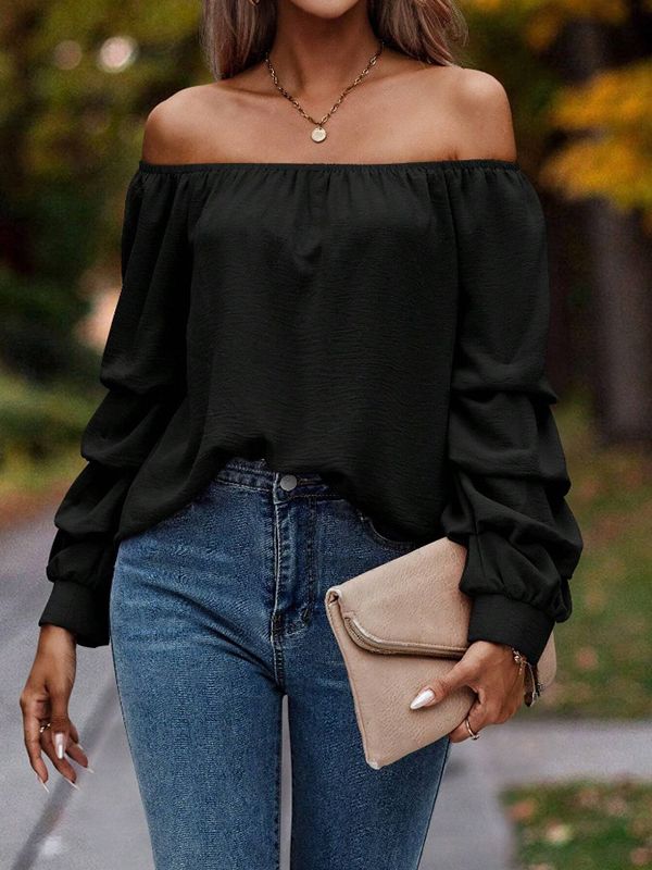 Elasticity Pleated Solid Color Long Sleeves Loose Off-The-Shoulder Blouses&Shirts Tops BLACK-XL