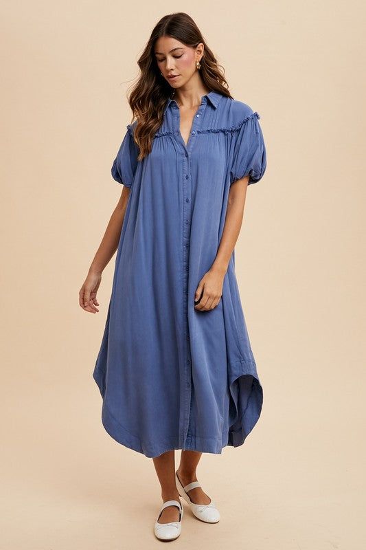 Annie Wear Mineral Washed Button Down Puff Sleeve Shirt Dress - Peacock  Blue / L