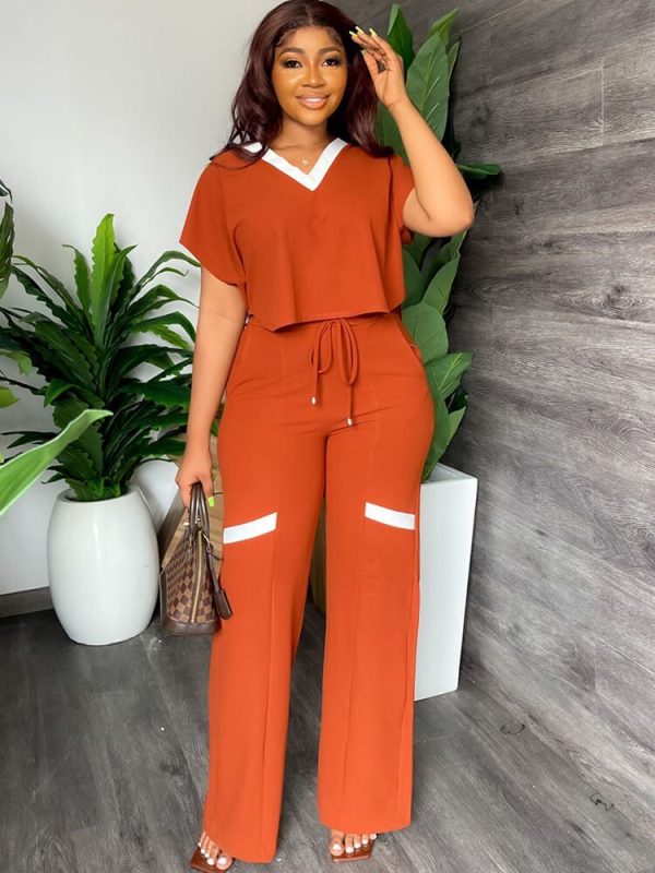Two Piece Short Sleeve Tops & Drawstring Pants Orange-S