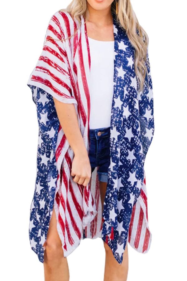 Explore More Collection - Full Size Star & Stripes Open Front Cover Up - Multicolor / L