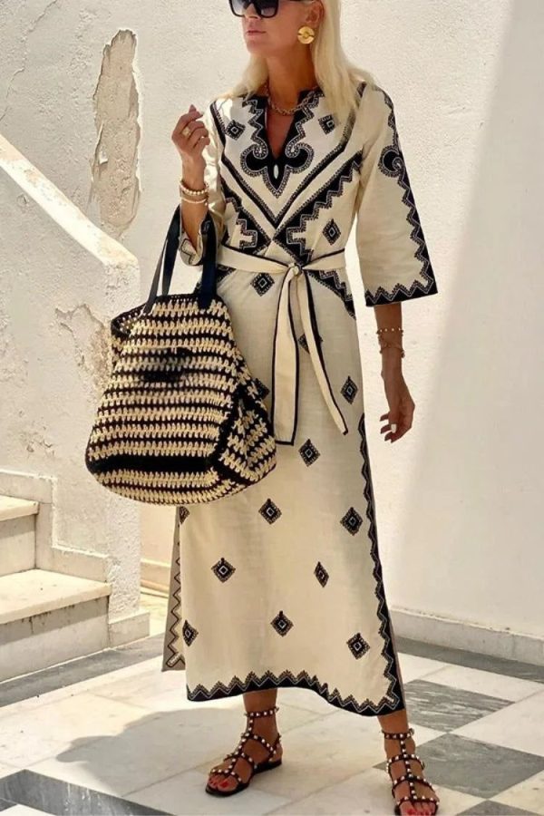 Autumn Fragrant Hemp A-line Boho Dress - creamy-white M