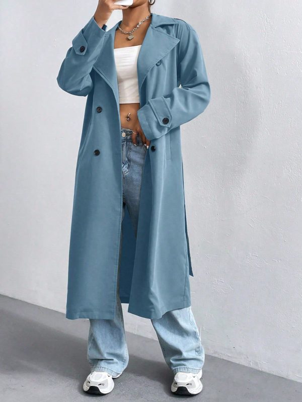 Women's Solid Color Double-Breasted Long Sleeve Long Trench Coat