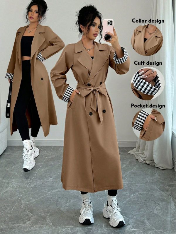 Women Loose Turndown Collar Double Breasted Plaid Patchwork Long Sleeve Trench Coat
