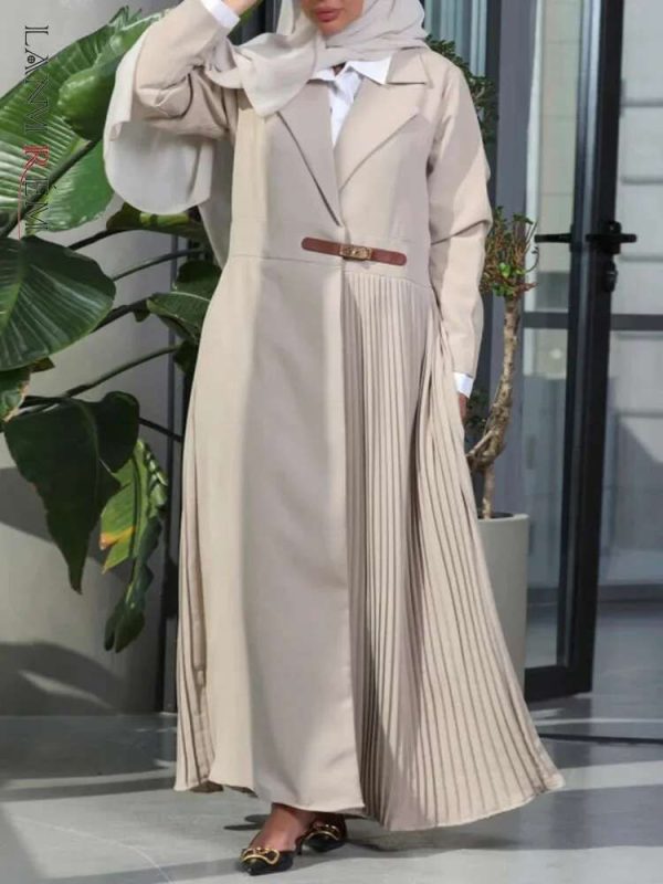LANMREM Office Lady Pleated Spliced Trench Coat Women Notched Belt Gathered Waist Solid Color
