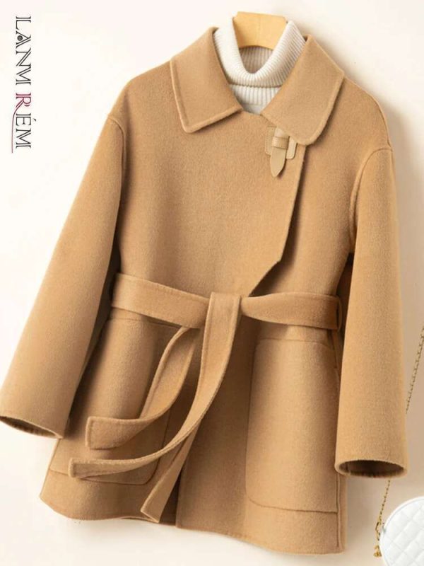 LANMREM High End Winter Wool Coat For Women Lapel Belt Gathered Waist Solid Color Jackets Fashion