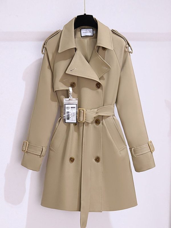 Women British Style Windbreaker Streetwear Double Breasted Trench Coats Elegant Autumn Winter Khaki
